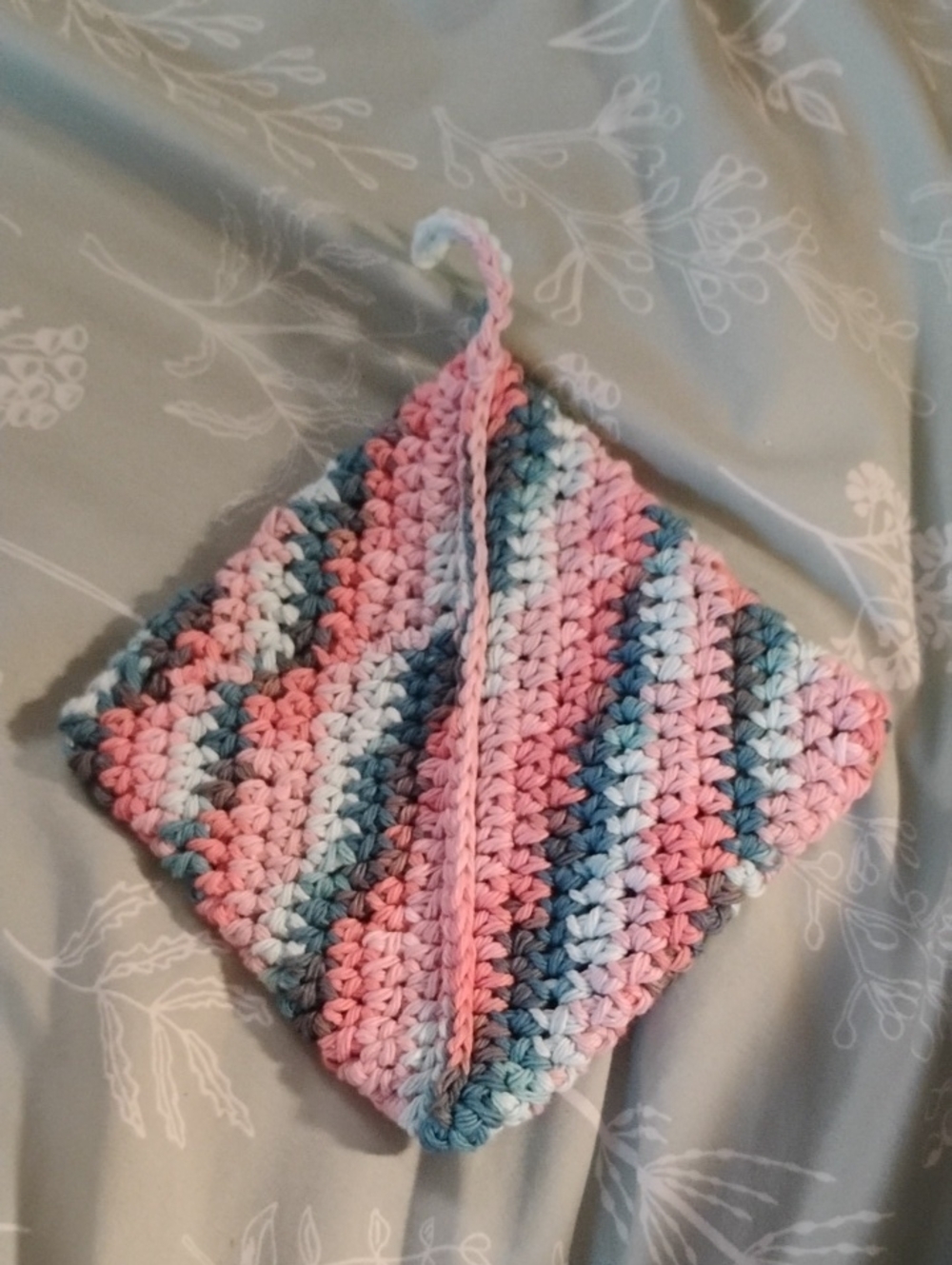 Handmade Crocheted Potholder in Pink, Blue & White